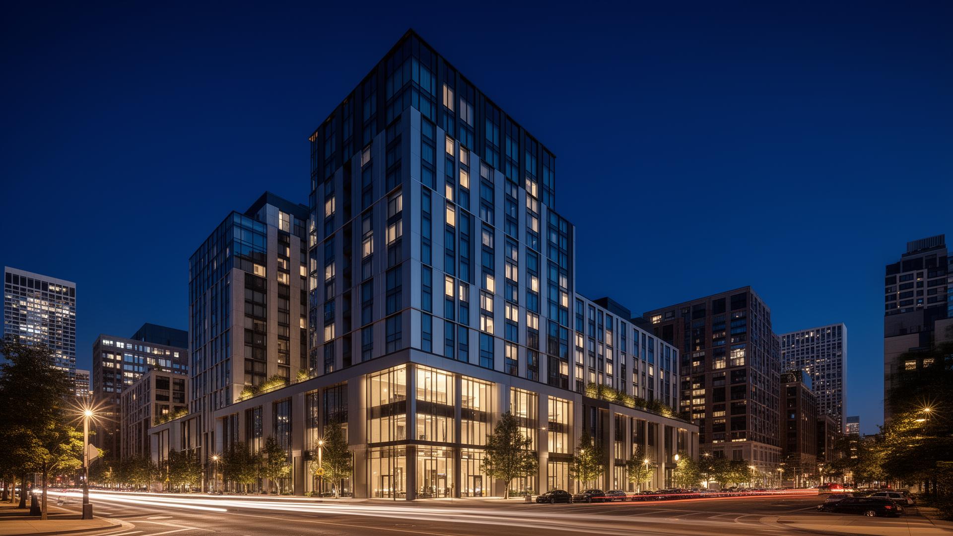 Modern mixed-use development at dusk